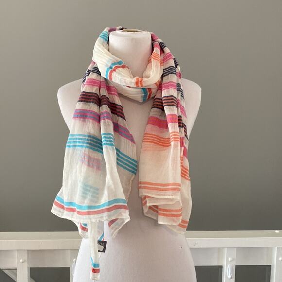 aerie White, Navy, Pink, Orange, Turquoise stripe Gauze / Muslin Scarf - Picture 2 of 8